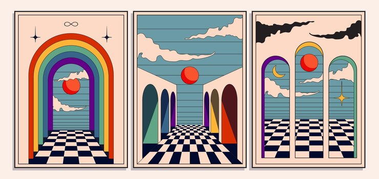 Vector set vintage boho hippie stijl posters met surrealistische abstracte boog deuropeningen en architectuur voor kunst aan de muur decoratie print of kaarten of muziek albumhoezen. vector illustratie