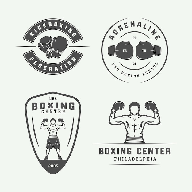 Set di etichette e distintivi con logo vintage per boxe e arti marziali in stile retrò. arte grafica monocromatica. illustrazione vettoriale