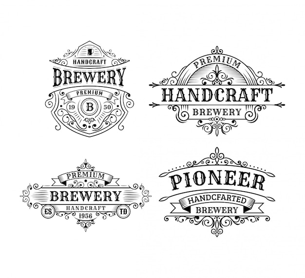 Set di design di etichetta vintage birreria, calligrafia e elementi in stile design tipografico