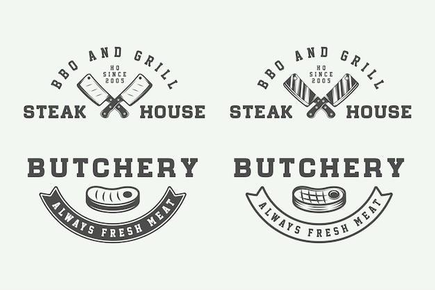 Vector set of vintage butchery meat steak or bbq logos emblems badge