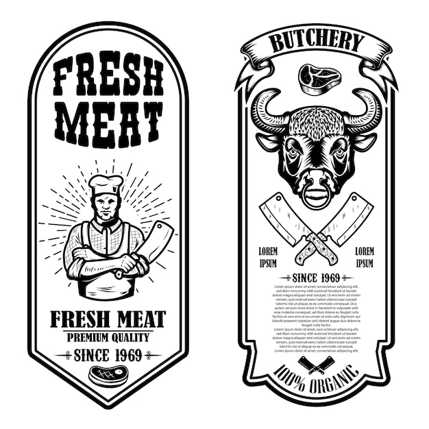 Vector set of vintage butchery and meat store flyers.