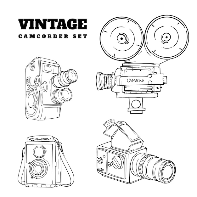 Vector set of vintage camera recorder in hand drawn design for audio visual heritage template