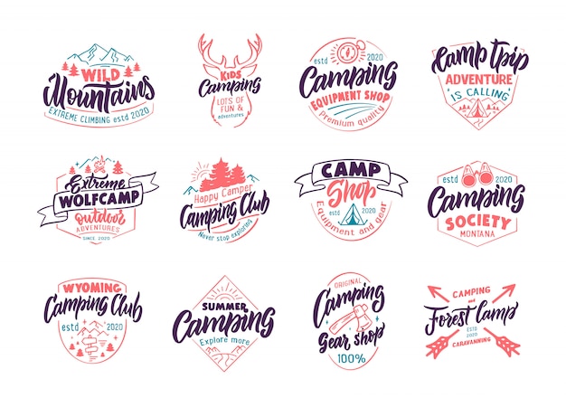 Set vintage camping emblemen en stempels. Colour Camp-winkel, buitenbadges, sjablonen en stickers