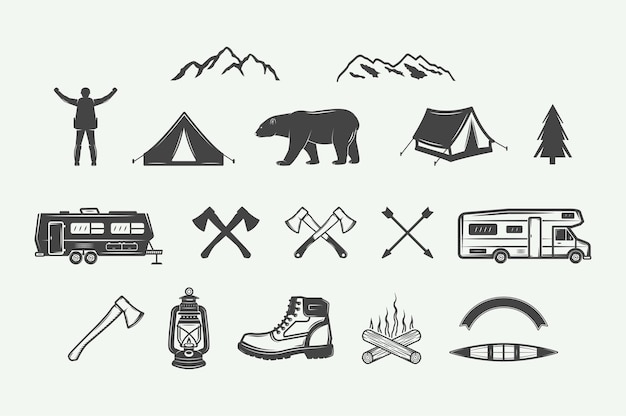 Set of vintage camping outdoor and adventure elements