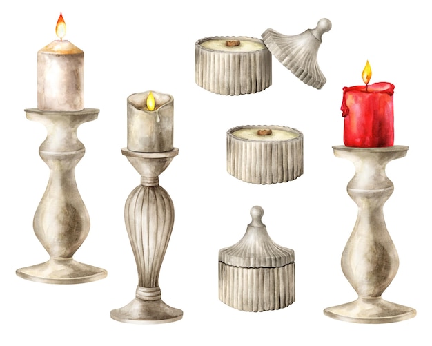 Vector set of vintage candle holders with burning candle interior decor watercolort illustration