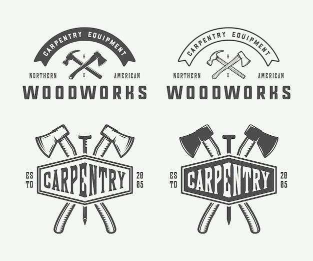 Set of vintage carpentry woodwork and mechanic labels badges emblems and logo vector illustration