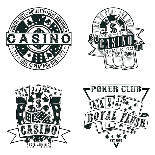 Set di disegni del logo del casinò vintage, francobolli di stampa grange, emblemi di tipografia del poker creativo,