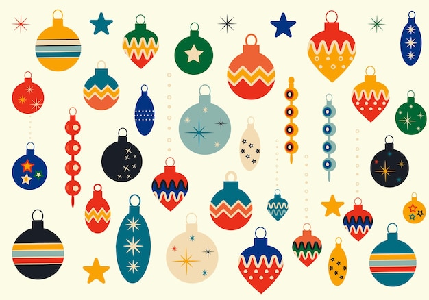 Vector set of vintage christmas retro toys for christmas tree decor christmas vector illustrations