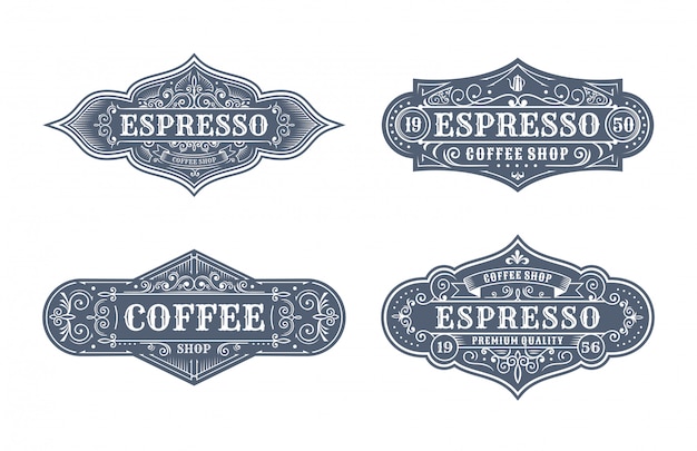 Set di progettazione di etichette vintage caffè, calligrafia e elementi in stile design tipografico