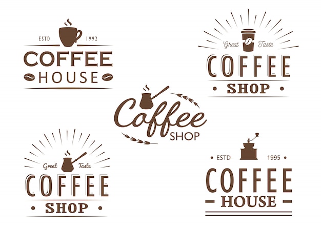 빈티지 커피 로고 템플릿, 배지 및 디자인 요소 집합입니다. 커피 숍, 카페, 레스토랑 로고 타입 컬렉션. 삽화. 소식통과 복고 스타일.