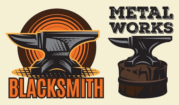 Vector set of vintage colored blacksmith label with anvil vector illustration