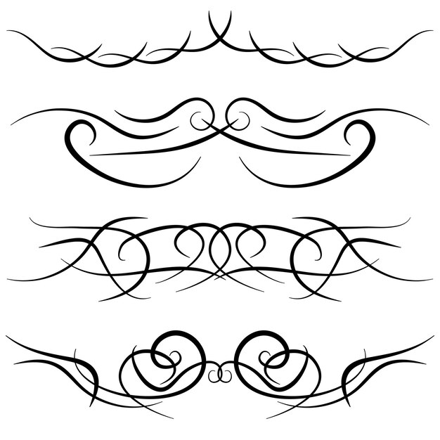 Vector set vintage decoratieve krullen, swirls, monogrammen en kalligrafische randen. lijntekening ontwerpelementen in zwarte kleur op witte achtergrond. vector illustratie.