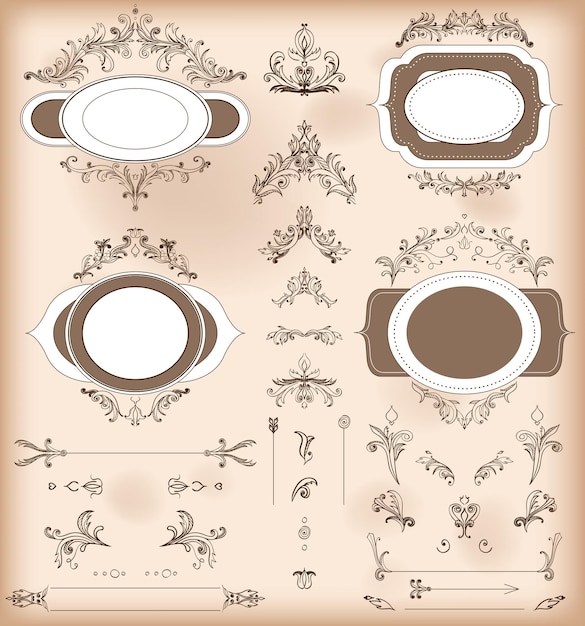 Vettore set di elementi di decorazioni d'epoca cornici e ornamenti barocchi