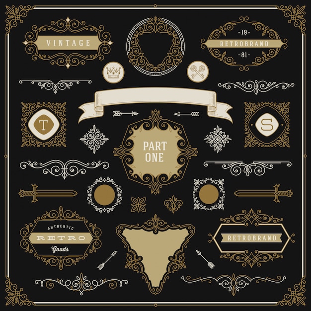 Set of vintage design elements - flourishes and ornamental frames, border, dividers, banners and other heraldic elements