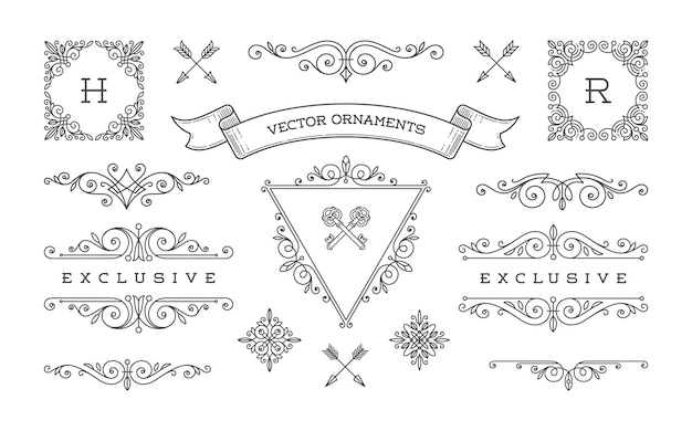 Vector set of vintage design elements flourishes and ornamental frames border dividers banners