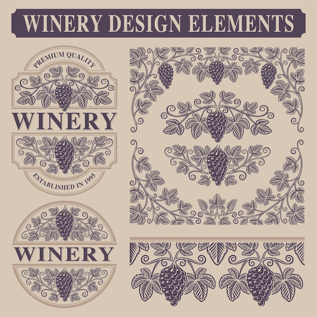 Набор старинных элементов для винодельни с виноградными ветвями, границами и шаблоном винной этикетки.