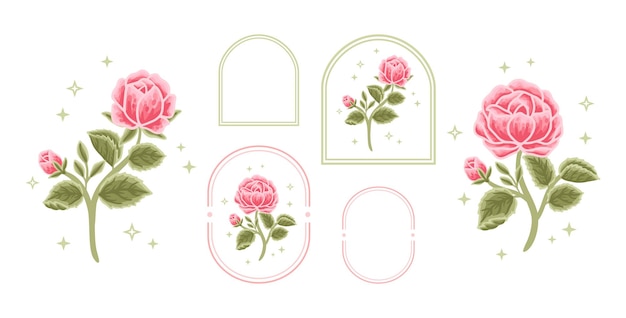 Set of vintage feminine beauty rose peony floral label logo elements with frame for women