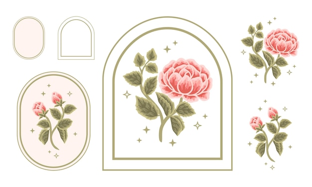 Set di elementi del logo dell'etichetta floreale vintage di bellezza femminile rosa peonia con cornice per le donne