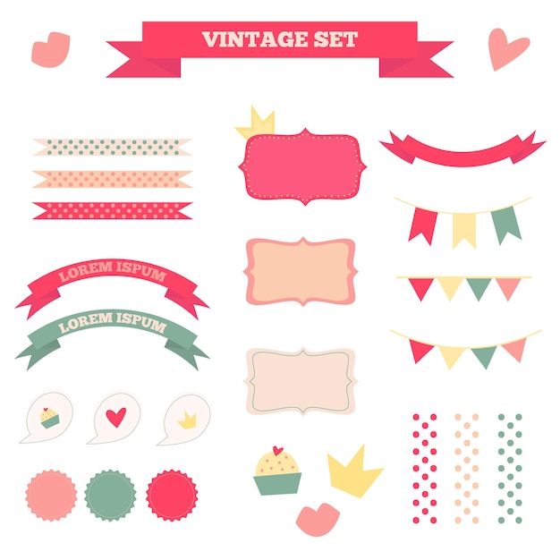 Vector set of vintage flat labels ribbons flags