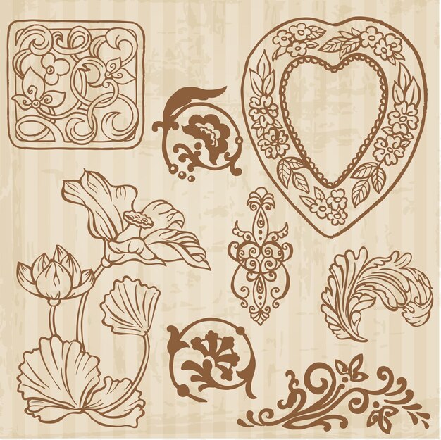 Set of vintage flowers and floral elements hand drawn