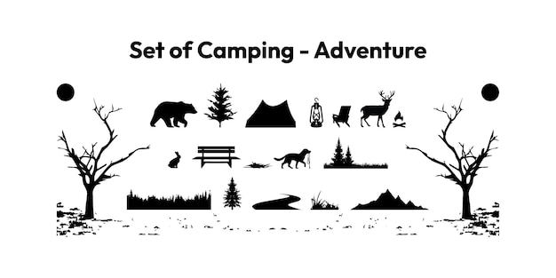 Set of vintage forest camp tress outdoor adventure vector illustration