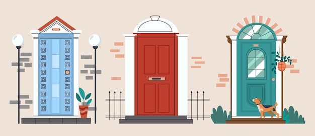 set of vintage front doors exterior of house retro apartment entrance door with a dog collection of