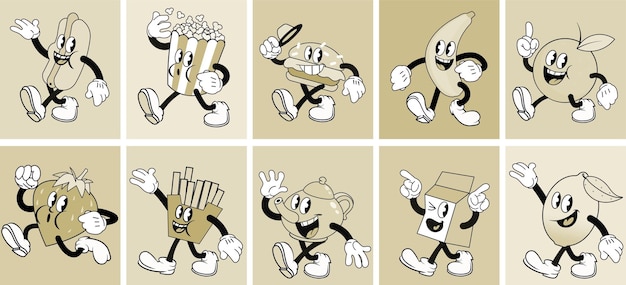 Set of vintage funny cartoon fastfood mascots flat characters vector illustration