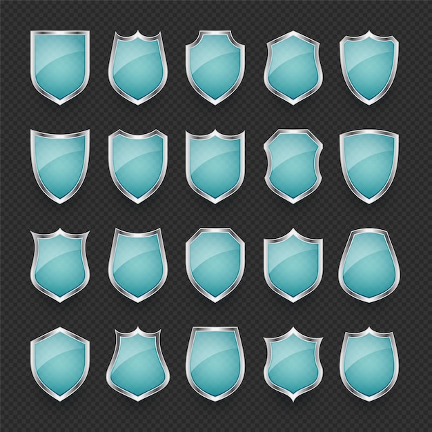 Vector set of vintage glass d shield icons blue heraldic shields black protection and security symbol label