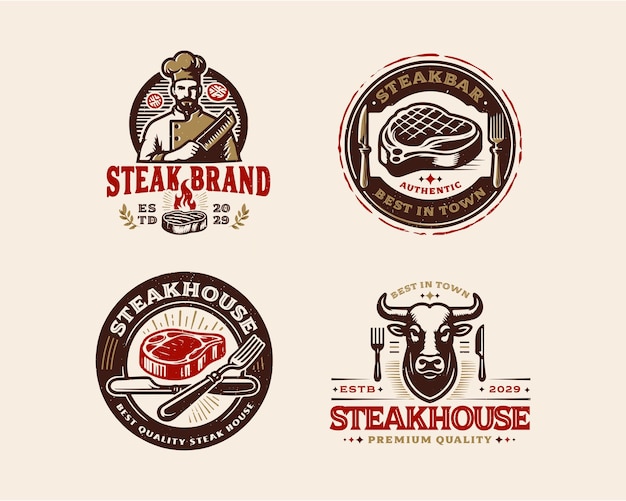 set vintage grill vlees steak winkel logo sjabloon voor zakelijk bedrijf
