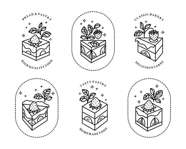 set of vintage hand drawn cake, pastry, bakery logo elements