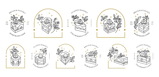 set of vintage hand drawn cake, pastry, bakery logo elements