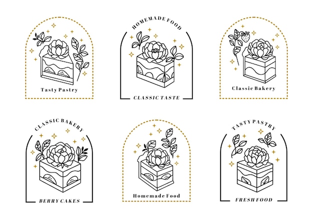 set of vintage hand drawn cake, pastry, bakery logo elements