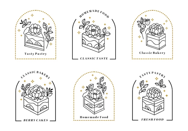 Set of vintage hand drawn cake, pastry, bakery logo elements