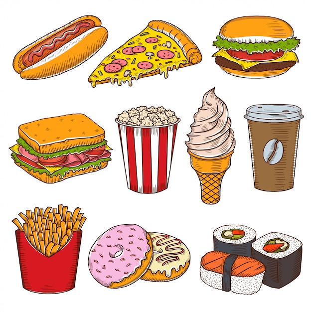 Set of vintage hand drawn fast food icons.