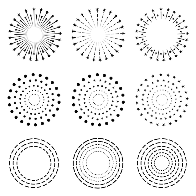 Vector set of vintage hand drawn sunburst rays design elements, explosion, fireworks black ray's.