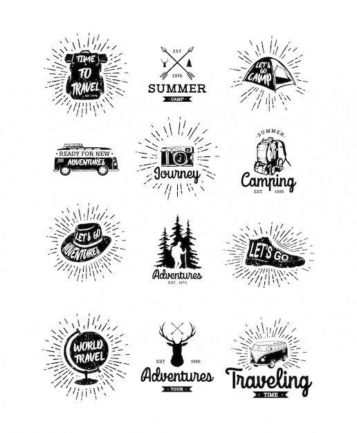 Set of vintage hand drawn traveler and outdoor badges