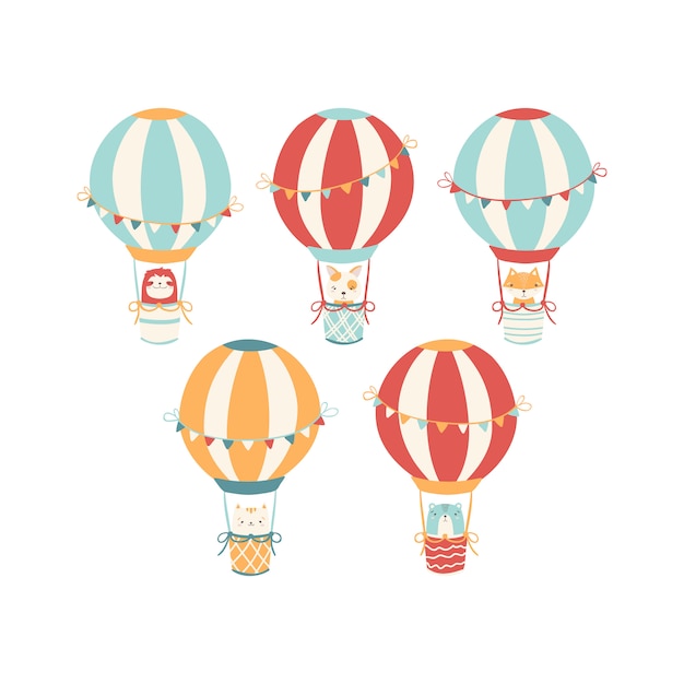 Set of vintage hot air balloons with animals. cute faces in the scandinavian style. simple hand-drawn illustration.