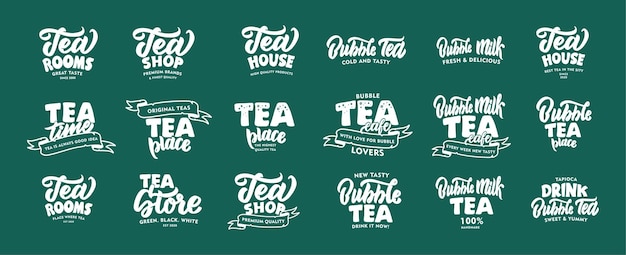 Set vintage Hot Tea en Bubble koude theedrank emblemen en zinnen.