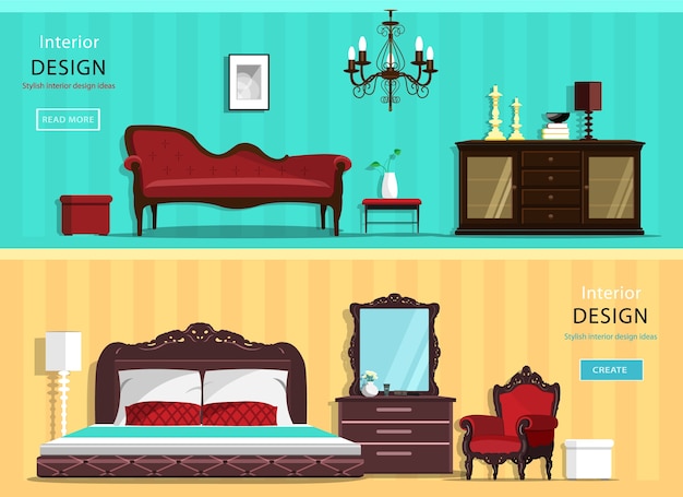 Set di stanze interne della casa d'epoca con icone di mobili: soggiorno e camera da letto. illustrazione.