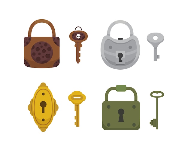 Set of vintage keys and locks.   cartoon padlock. secret, mystery or safe icon.