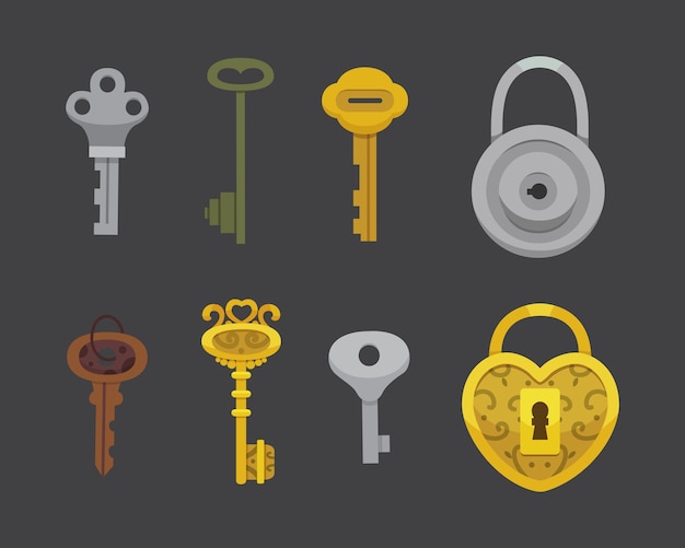 Vector set of vintage keys and locks.  illustration cartoon padlock. secret, mystery or safe icon.