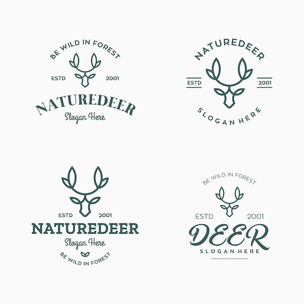 Set of vintage labels, badges logo design elements. Deer head, artistic emblems. Stylized collection wild animal.