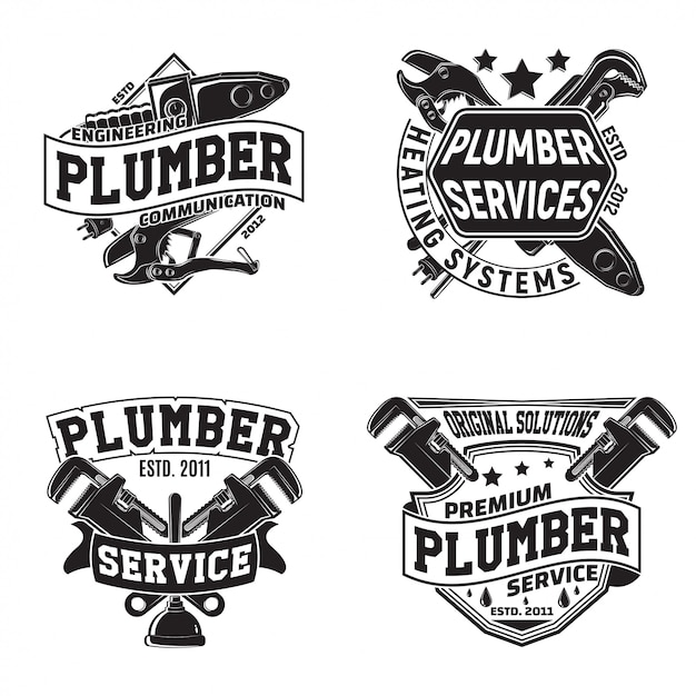 Set vintage logo grafische ontwerpen, print stempels, loodgieters typografie emblemen, creatief ontwerp,