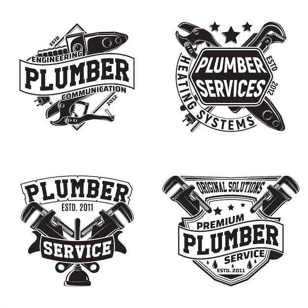 Vector set of vintage logo graphic designs, print stamps, plumbers typography emblems, creative design,