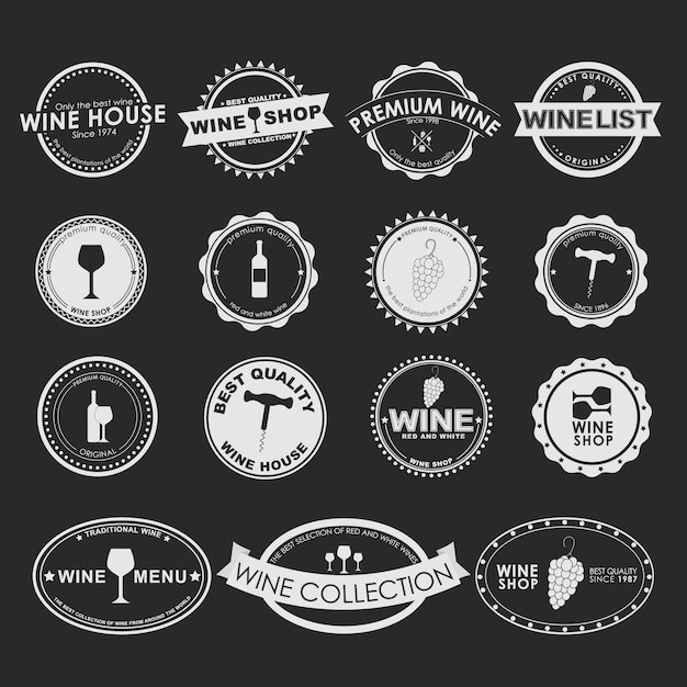 Vector set vintage logo op zwarte achtergrond voor wijnwinkels, cafés of restaurants. elementontwerp, logo's, stickers, pictogrammen, uithangborden.