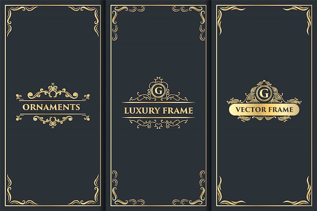 Набор старинных роскошных украшений логотипа и дизайна упаковки золота
