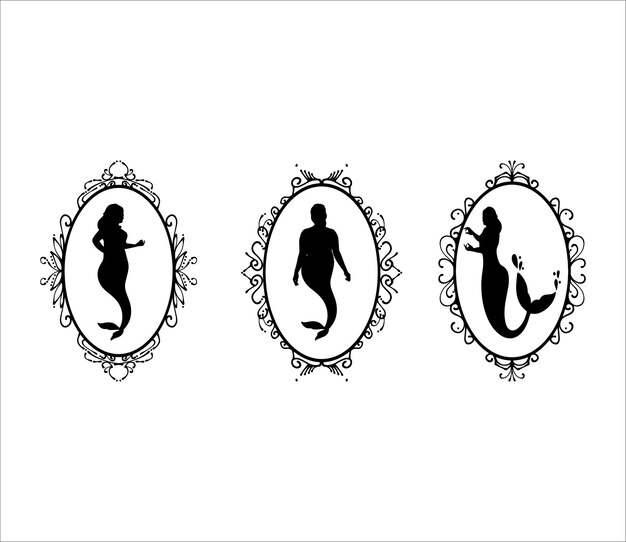 Vector set of vintage mermaid in frame oval decoration element
