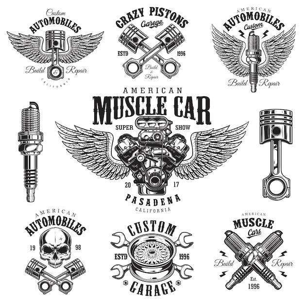 Vector set of vintage monochrome car repair emblems