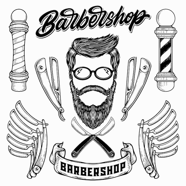 Set of vintage monochrome element barbershop Vector logo design concept Black and white color