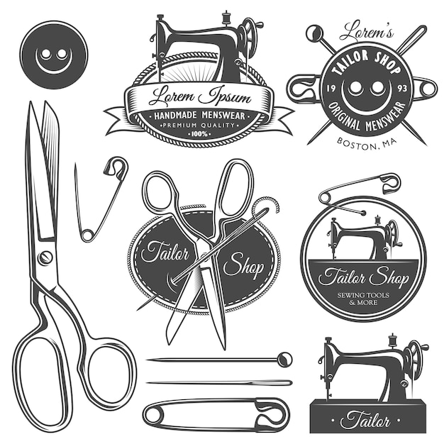 Vector set of vintage monochrome tailor tools and emblems.